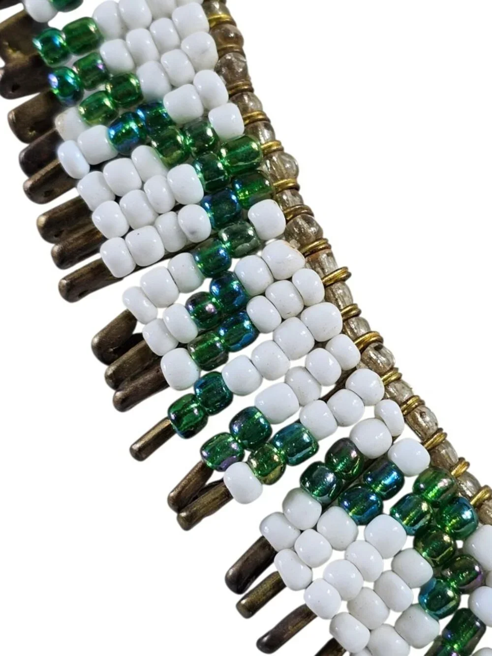 Safety Pin Beaded Necklace 22.5” White Green Glass Beads Statement Boho Tribal